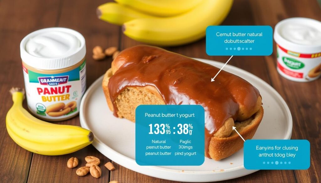 A healthy peanut butter and banana dog cake with nutritional ingredients displayed A healthy peanut butter and banana dog cake with nutritional ingredients displayed