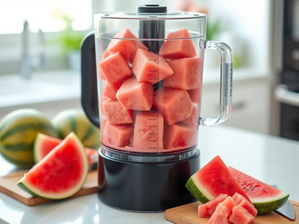 Blending watermelon chunks in a food processor for dog treats Blending watermelon chunks in a food processor for dog treats