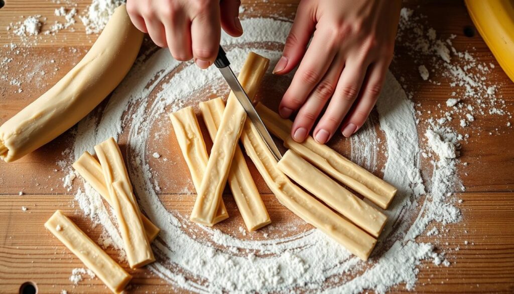 Cutting banana and peanut butter dough into stick shapes on a floured surface