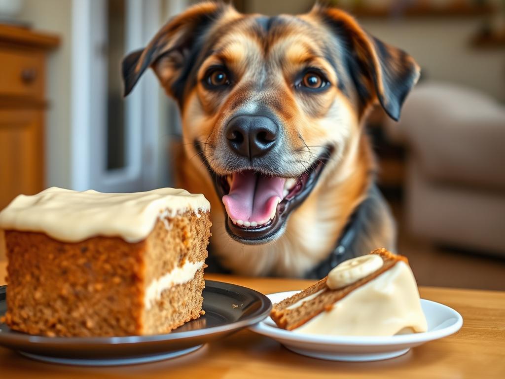 Dog looking excitedly at a slice of peanut butter and banana cake Dog looking excitedly at a slice of peanut butter and banana cake