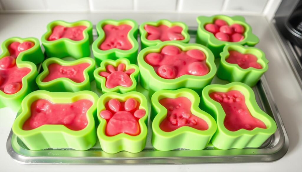 Dog-themed silicone molds filled with watermelon mixture ready for freezing Dog-themed silicone molds filled with watermelon mixture ready for freezing