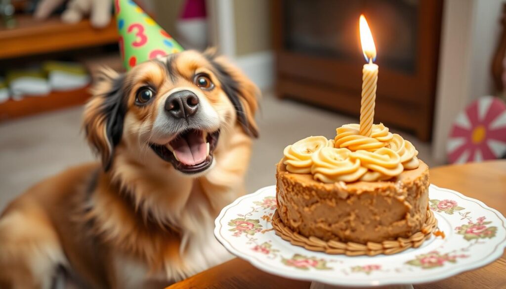 Dog with peanut butter and banana cake with birthday hat Dog with peanut butter and banana cake with birthday hat