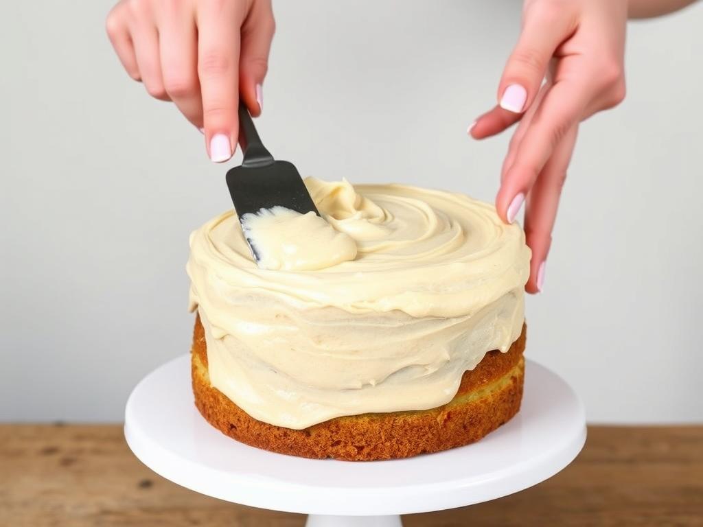 Frosting the peanut butter and banana dog cake with yogurt frosting Frosting the peanut butter and banana dog cake with yogurt frosting