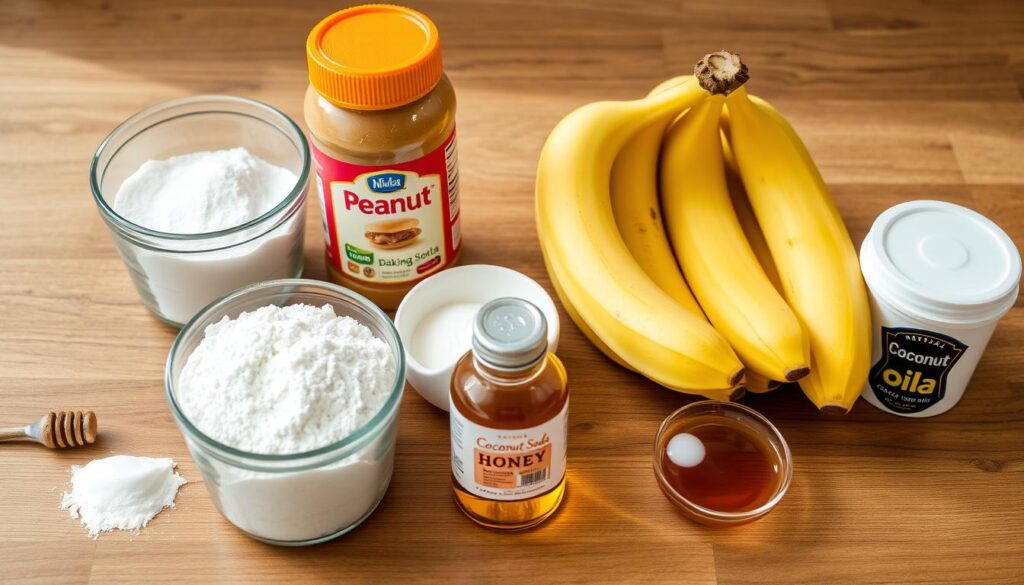 Ingredients for peanut butter and banana dog cake laid out on a counter Ingredients for peanut butter and banana dog cake laid out on a counter