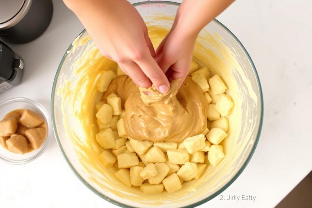 Mixing banana and peanut butter in a bowl for dog chew sticks