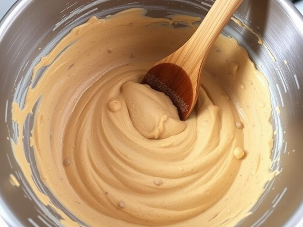 Mixing the peanut butter and banana dog cake batter in a bowl Mixing the peanut butter and banana dog cake batter in a bowl