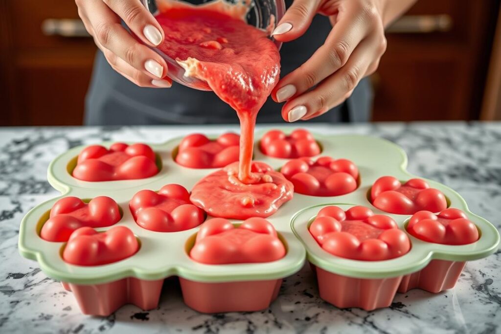 Pouring watermelon mixture into silicone paw-shaped molds Pouring watermelon mixture into silicone paw-shaped molds