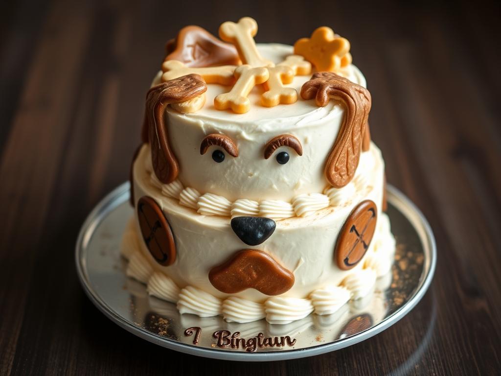 Two-tier peanut butter and banana dog cake decorated for a dog birthday Two-tier peanut butter and banana dog cake decorated for a dog birthday