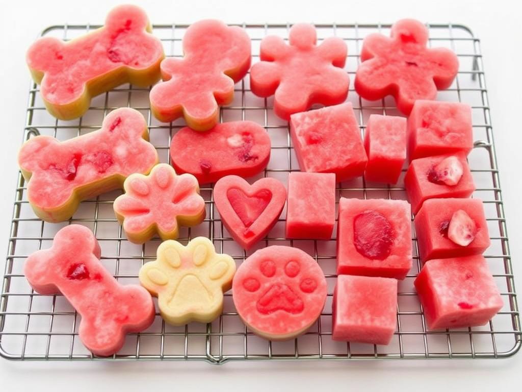 Various frozen watermelon dog treats in different shapes and sizes Various frozen watermelon dog treats in different shapes and sizes
