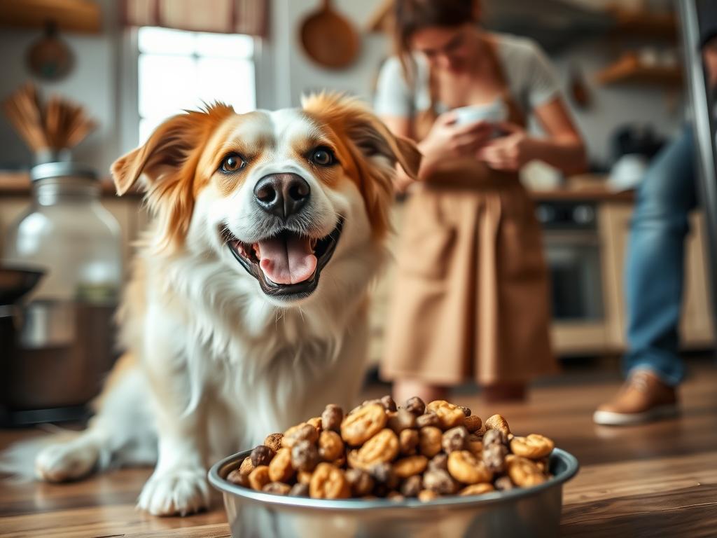 A dog enjoying a homemade meal with owner preparing food in the background
