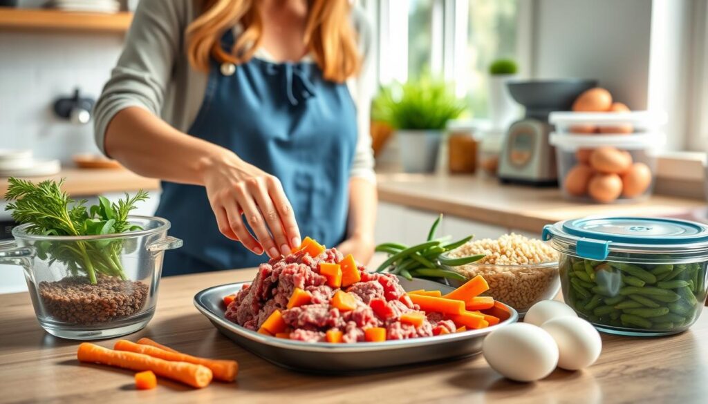 A person preparing homemade dog food meals with fresh ingredients like lean meat, vegetables, and brown rice