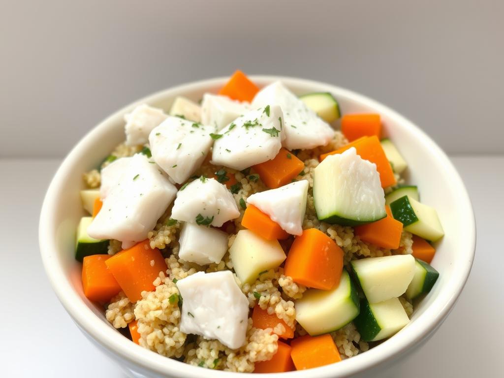 Allergy-friendly homemade dog food with fish, quinoa, and vegetables
