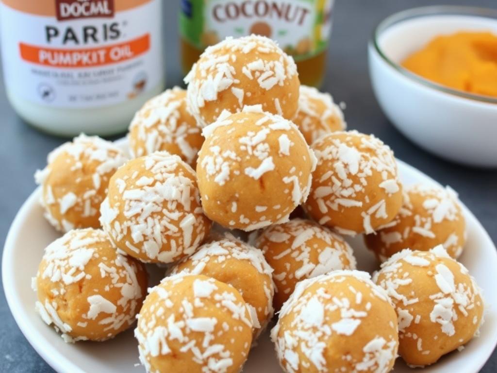 Coconut pumpkin no bake dog treats with coconut flakes Coconut pumpkin no bake dog treats with coconut flakes