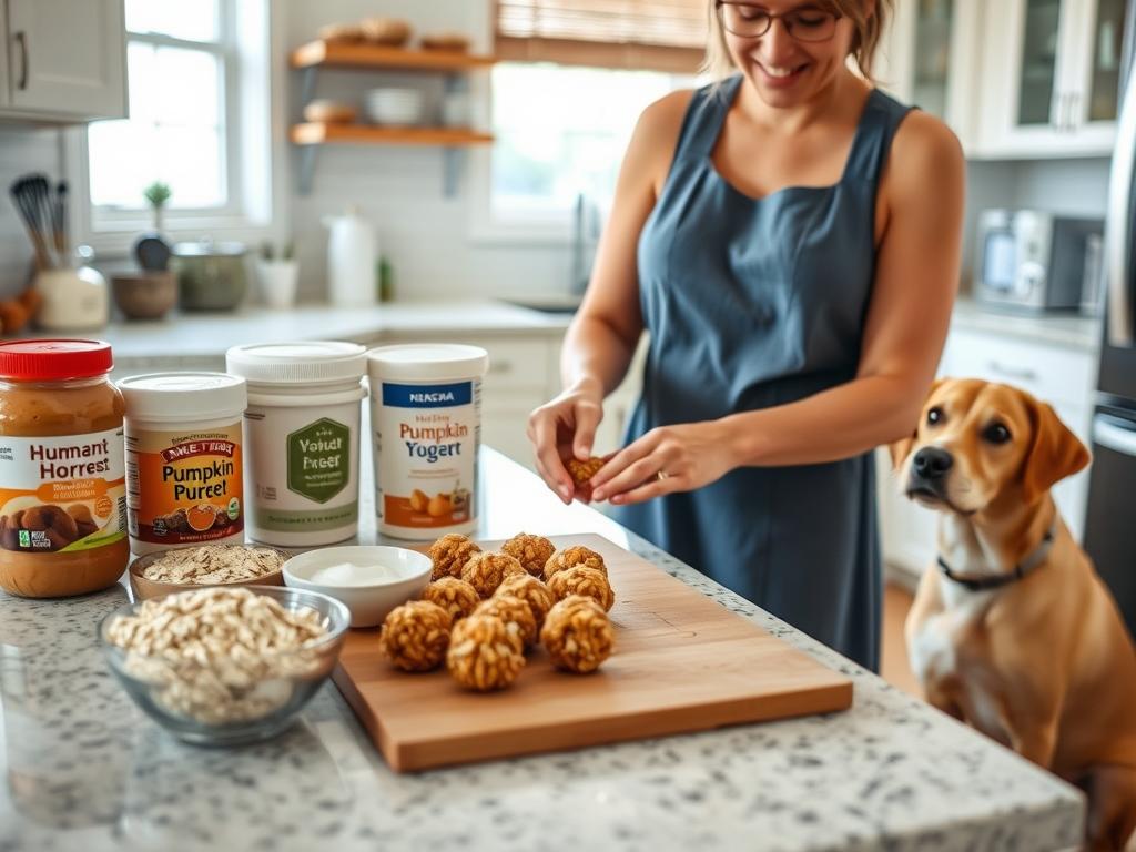 Dog owner preparing no bake dog treats in kitchen with ingredients laid out Dog owner preparing no bake dog treats in kitchen with ingredients laid out