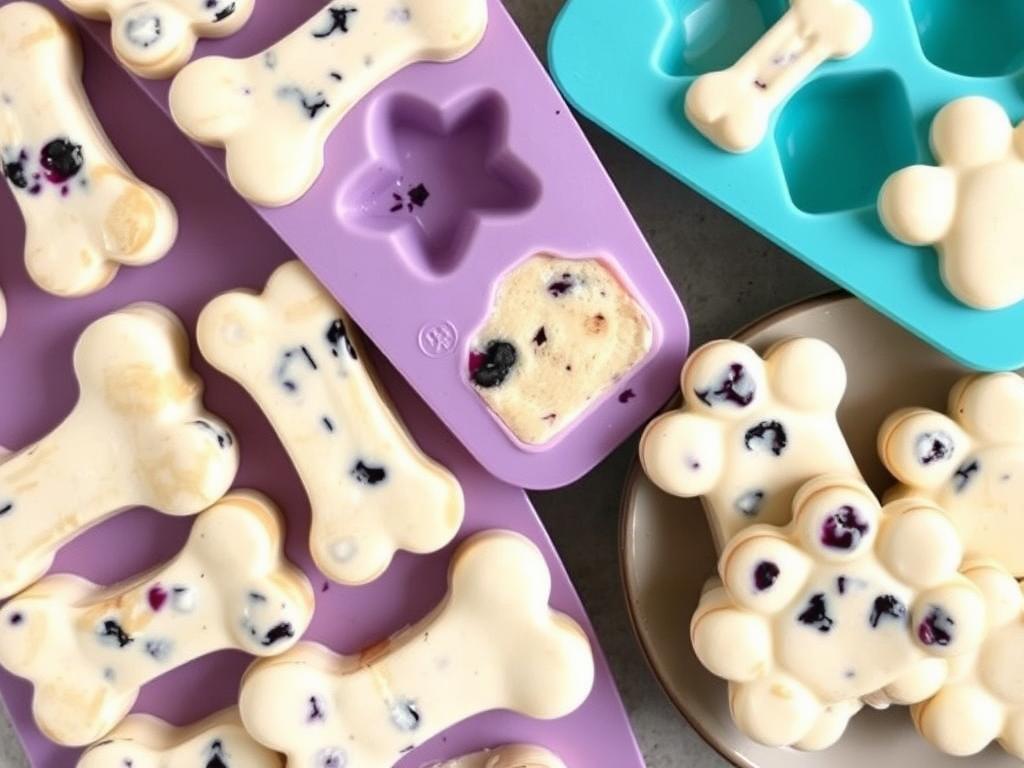 Frozen yogurt no bake dog treats with blueberries in silicone molds Frozen yogurt no bake dog treats with blueberries in silicone molds