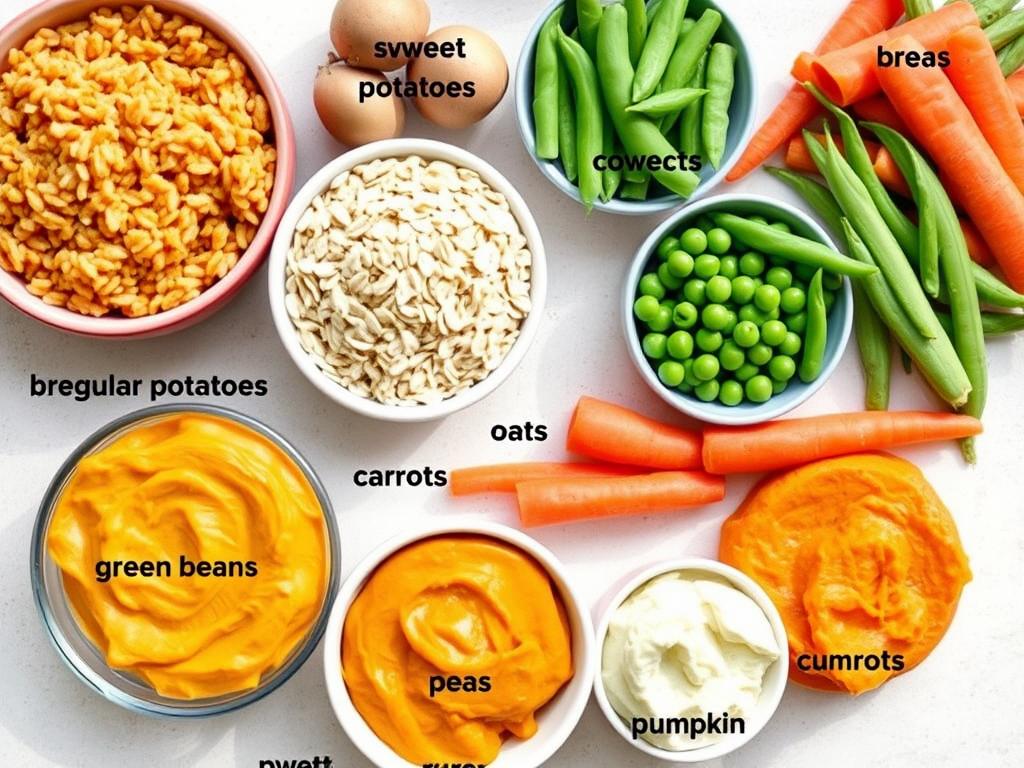 Healthy carbohydrate sources for homemade dog food meals including brown rice, sweet potatoes, and vegetables