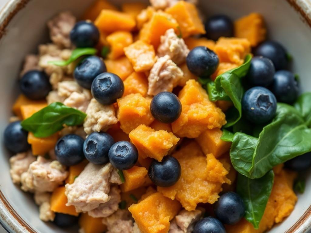 Homemade dog food for senior dogs with ground turkey, sweet potatoes, and vegetables