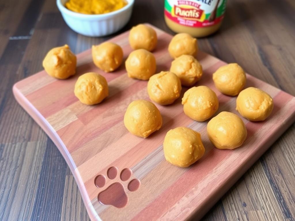 No bake pumpkin and peanut butter dog treats shaped into balls No bake pumpkin and peanut butter dog treats shaped into balls