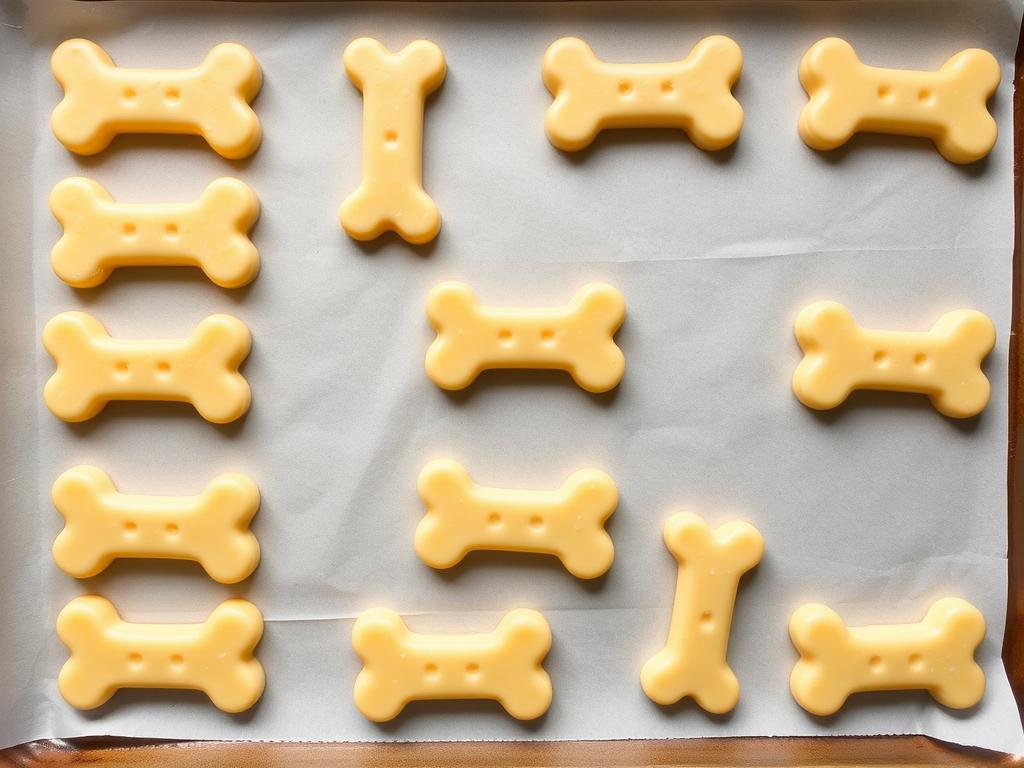 Unbaked dog treats arranged on a baking sheet