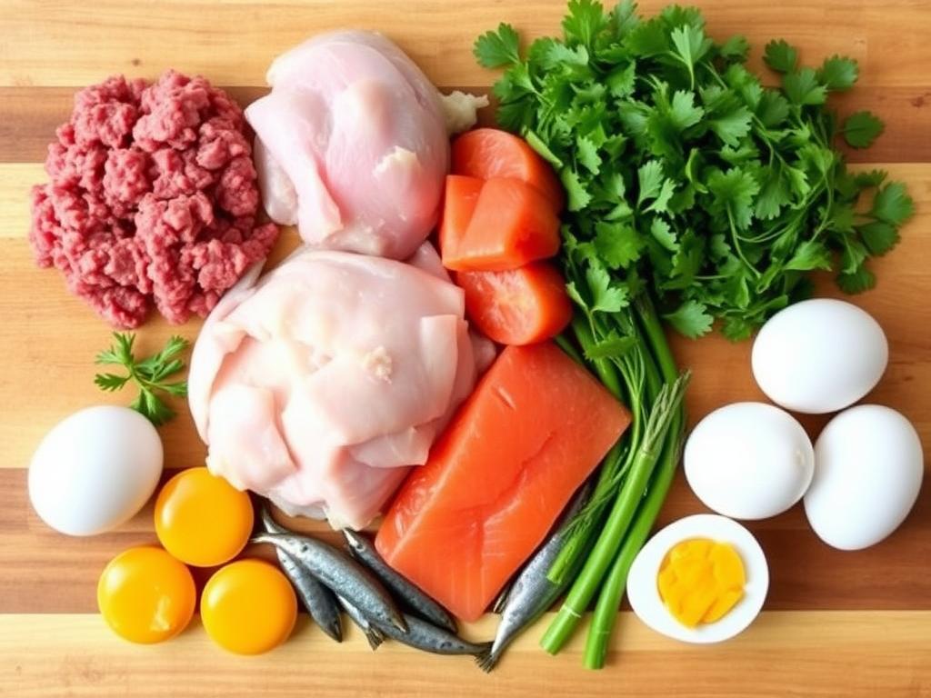 Various protein sources for homemade dog food meals including lean meats, eggs, and fish